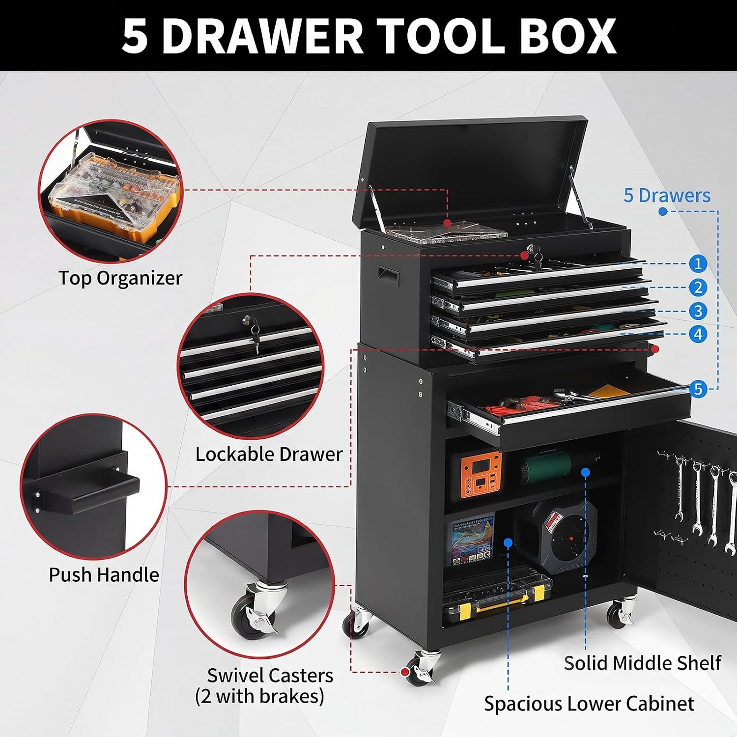5 Drawer Rolling Tool Cabinet  - Tools Trolley For Workshop review and price